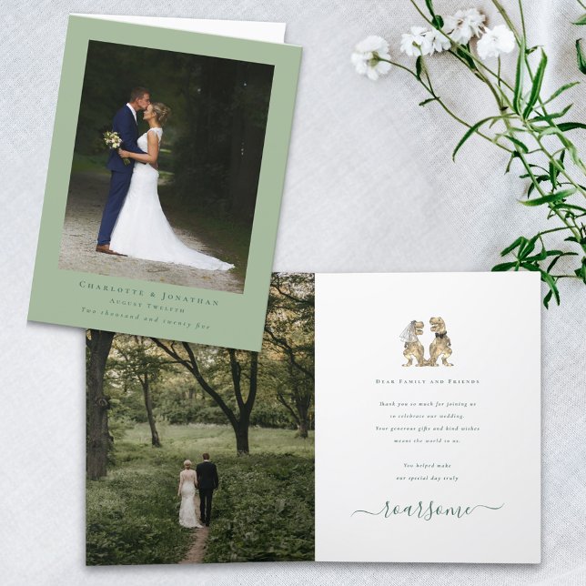 Tarjeta De Agradecimiento Boda del tema de los dinosaurios Foto Sage Green (Dinosaur theme wedding photo thank you sage green folded card T-Rex dino bride and groom elegant )