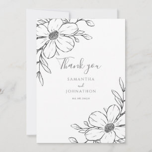 Tarjeta De Agradecimiento Boda Dibujo Línea Floral Blanco Negro