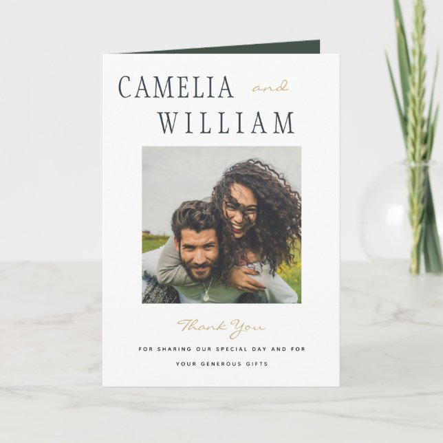 Tarjeta De Agradecimiento Boda Dorada Verde Oliva Moderno FOTO Agradecimient (Anverso)