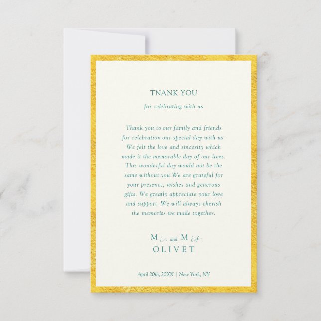Tarjeta De Agradecimiento Boda dorado amarillo (Anverso)