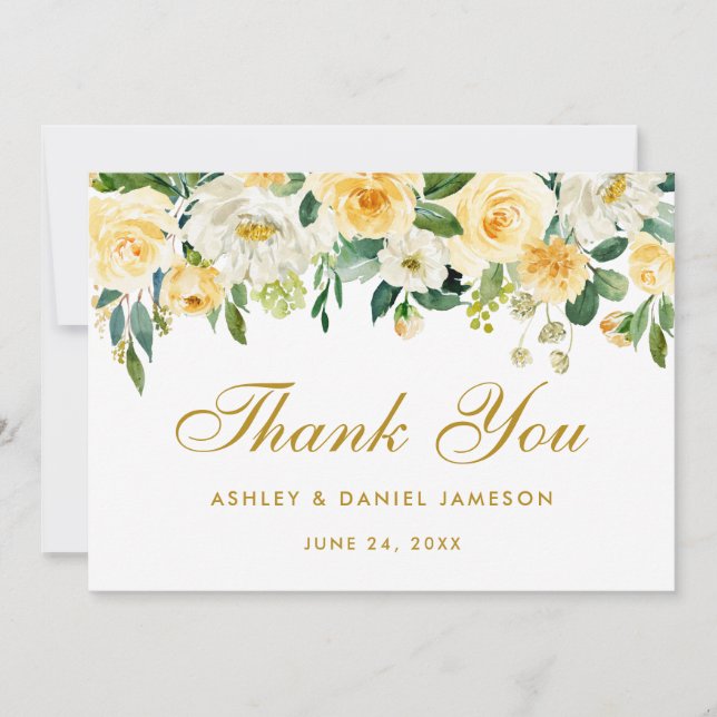 Tarjeta De Agradecimiento Boda dorado amarillo floral gracias (Anverso)