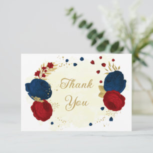 Tarjeta De Agradecimiento boda dorado de flores de color rojo oscuro y azul
