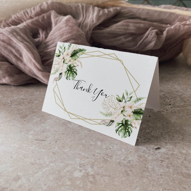 Tarjeta De Agradecimiento Boda dorado de follaje tropical  plegado (Subido por el creador)