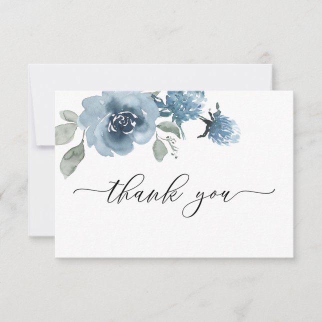Tarjeta De Agradecimiento Boda Dusty Blue Floral Watercolor (Anverso)