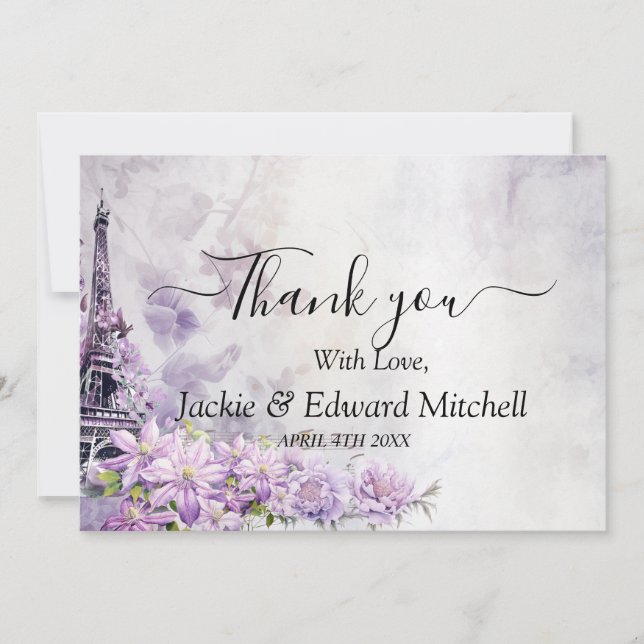 Tarjeta De Agradecimiento Boda Eiffel Tower Lavender Romance Gracias (Anverso)
