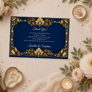 Tarjeta De Agradecimiento Boda elegante Art Deco con pavo real