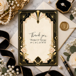 Tarjeta De Agradecimiento Boda elegante Art Deco con Peony Gold