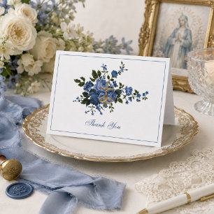 Tarjeta De Agradecimiento Boda elegante azul floral religiosa