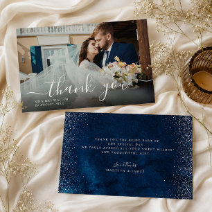 Tarjeta De Agradecimiento Boda elegante azul marino con brillo de plata