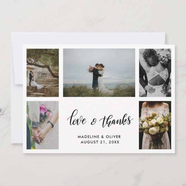 Tarjeta De Agradecimiento Boda Elegante Cinco Fotos | Guión de Amor y Agrade (Anverso)
