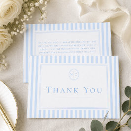 Tarjeta De Agradecimiento Boda Elegante Clásico con Raya Azul y Monograma