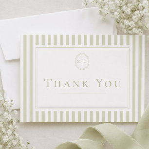 Tarjeta De Agradecimiento Boda Elegante Clásico con Raya Verde Salvia Monogr
