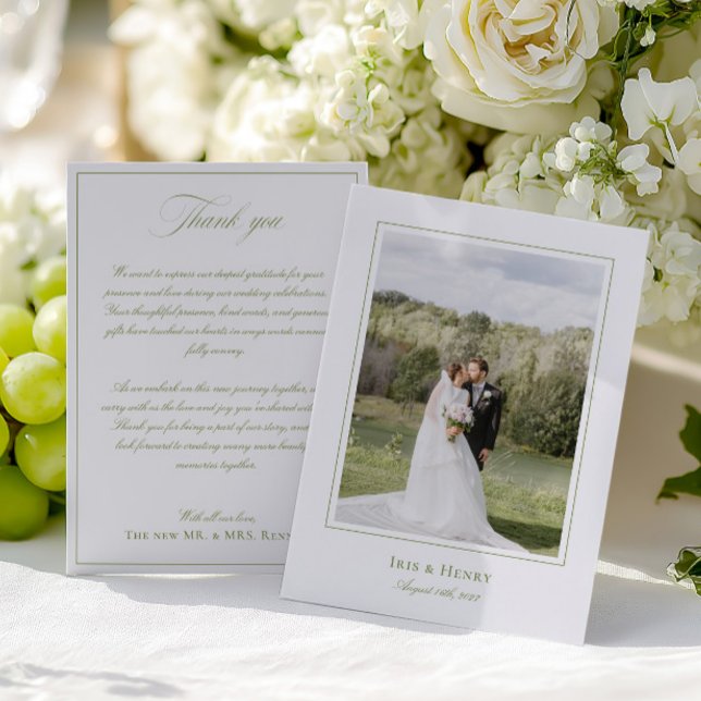 Tarjeta De Agradecimiento Boda elegante clásico Sage Green Photo (Classic Elegant Sage Green Wedding Photo Thank You Card)