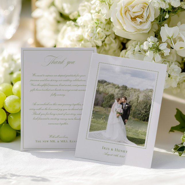 Tarjeta De Agradecimiento Boda elegante clásico Sage Green y Beige (Classic Elegant Sage Green & Beige Wedding Photo Thank You Card)