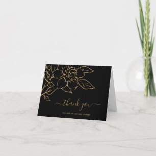 Tarjeta De Agradecimiento Boda elegante con arte de línea floral en negro y 