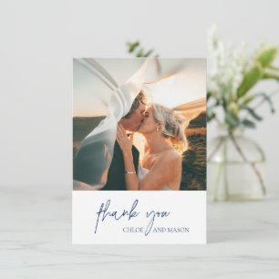 Tarjeta De Agradecimiento Boda elegante con foto azul de la Marina Clásica