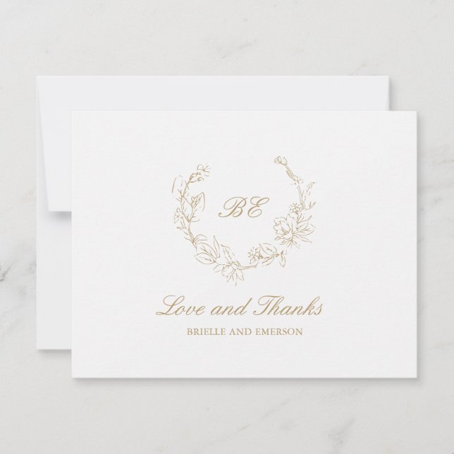 Tarjeta De Agradecimiento Boda elegante con monograma de oro (Anverso)