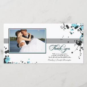 Tarjeta De Agradecimiento Boda elegante de aqua + flores negras gracias