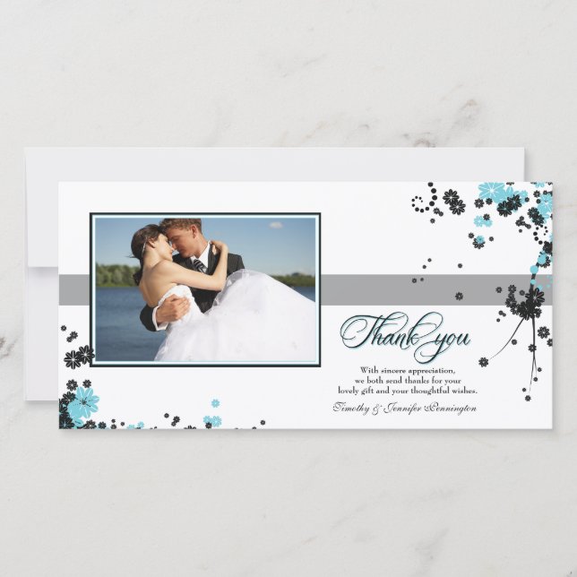 Tarjeta De Agradecimiento Boda elegante de aqua + flores negras gracias (Anverso)