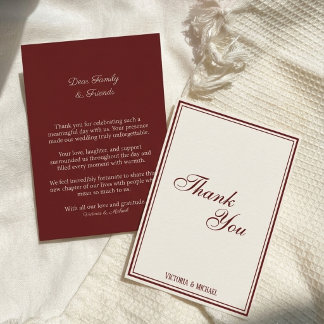 Tarjeta De Agradecimiento Boda elegante de color burgundy marfil Old Money 
