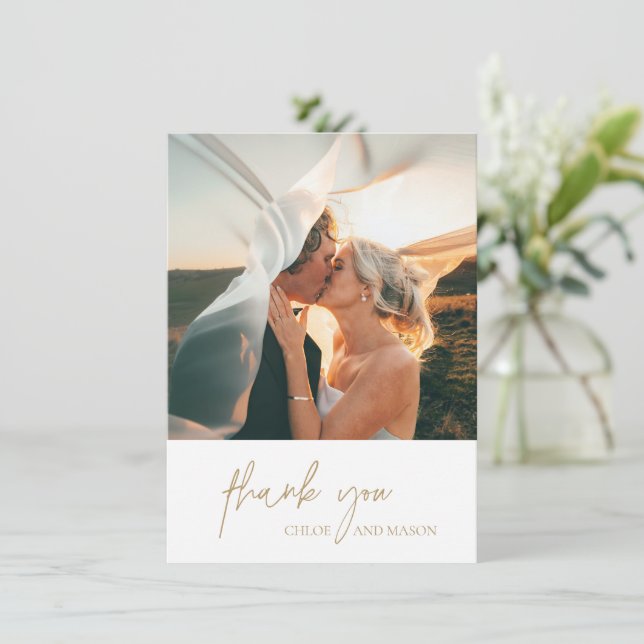 Tarjeta De Agradecimiento Boda elegante de fotografía de oro clásica (Anverso de pie)