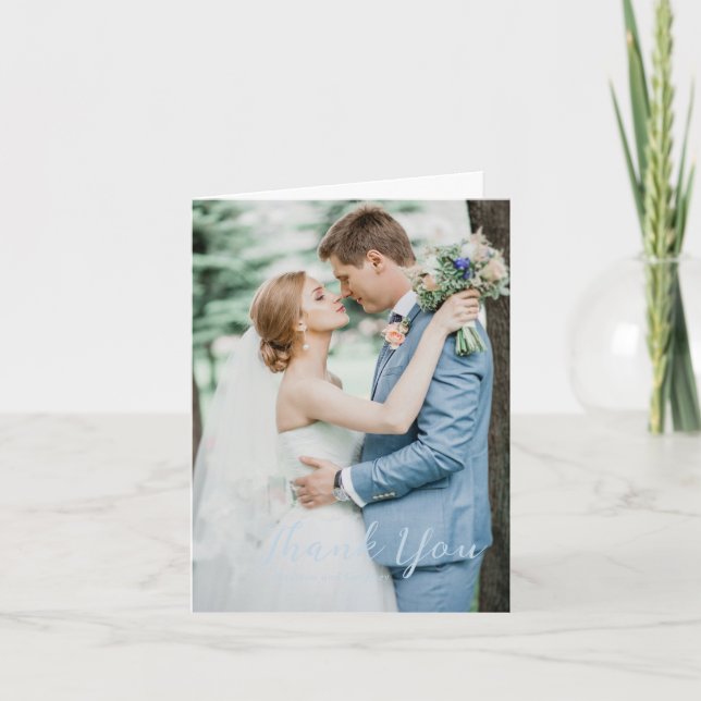 Tarjeta De Agradecimiento Boda elegante de guiones negrita Powder Blue Photo (Anverso)