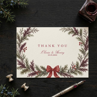 Tarjeta De Agradecimiento Boda elegante de Navidad con vegetación roja y ver