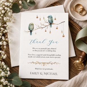 Tarjeta De Agradecimiento Boda elegante de pájaros azul marfil en el bosque