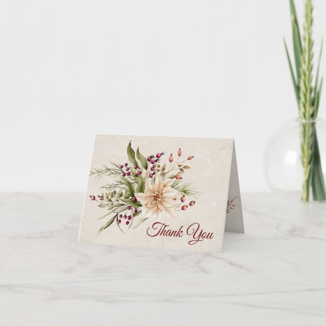 Tarjeta De Agradecimiento Boda elegante de Poinsettia y Berries (Anverso)