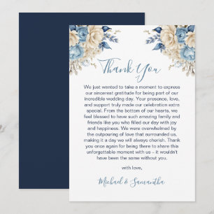 Tarjeta De Agradecimiento Boda elegante de rosa azul y marfil