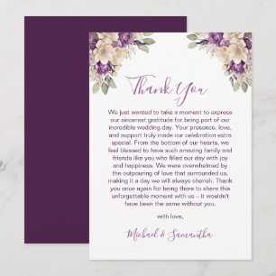 Tarjeta De Agradecimiento Boda elegante de rosa púrpura y marfil