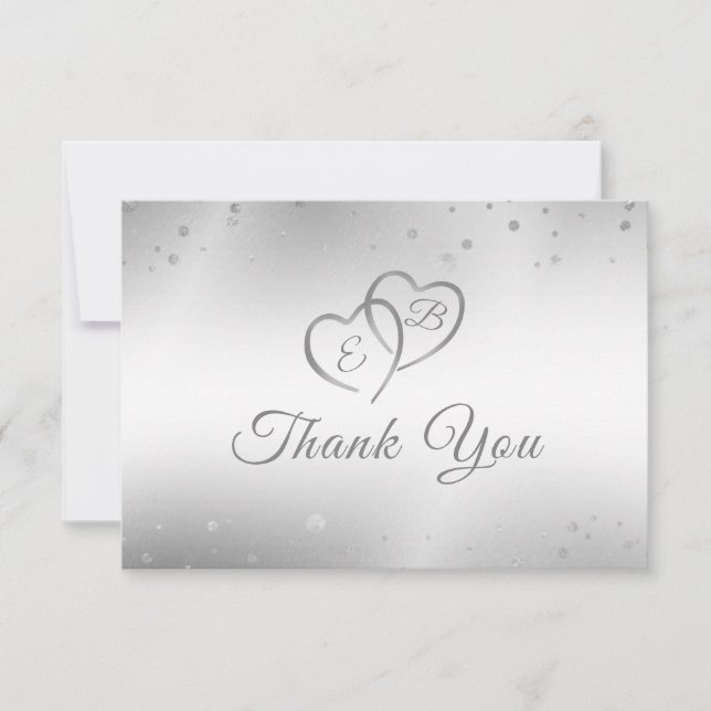 Tarjeta De Agradecimiento Boda elegante Faux Silver Corazones Confetti Scrip (Anverso)