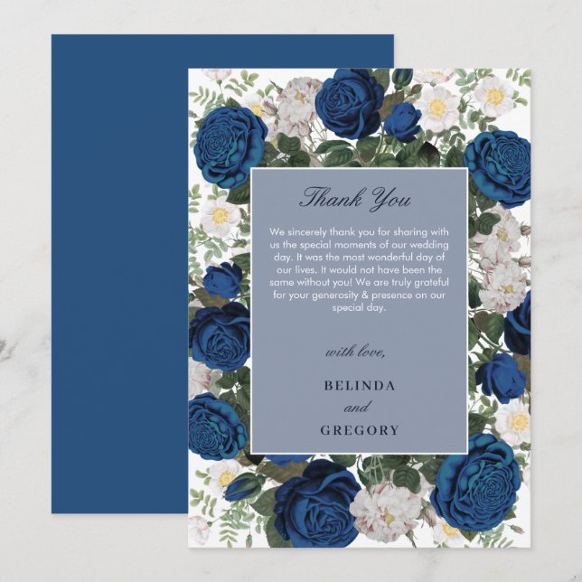 Tarjeta De Agradecimiento Boda elegante floral azul moderno en acuarela (Anverso / Reverso)
