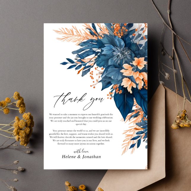 Tarjeta De Agradecimiento Boda elegante floral óxido naranja de la Marina (Navy Orange Rust Floral Elegant Wedding Thank You Card)