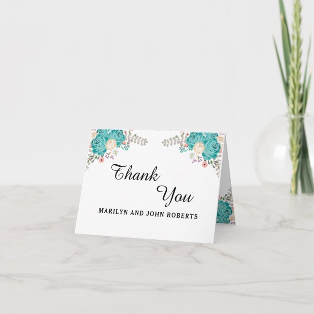 Tarjeta De Agradecimiento Boda elegante flores acuarela azul personalizadas (Anverso)