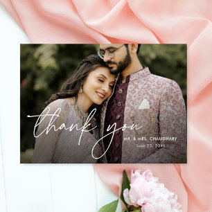 Tarjeta De Agradecimiento Boda elegante minimalista moderna con dos fotos