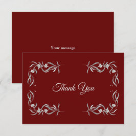 Tarjeta De Agradecimiento Boda elegante roja con patrón floral plateado vint