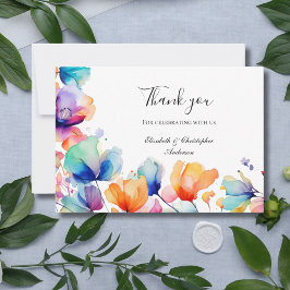 Tarjeta De Agradecimiento Boda en acuarela floral brillante azul naranja 
