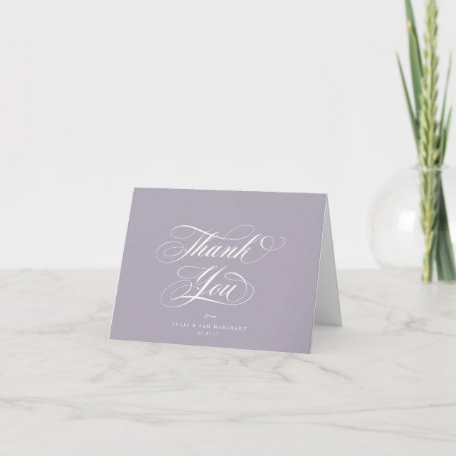 Tarjeta De Agradecimiento Boda en blanco de guión elegante morado suave (Anverso)