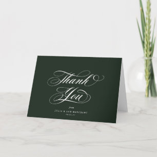 Tarjeta De Agradecimiento Boda en blanco de guión elegante verde oscuro