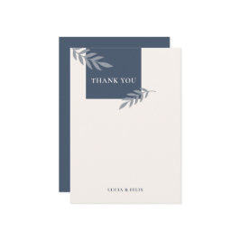 Tarjeta De Agradecimiento Boda en Blanco Hojas Azules de Muestra Moderna 