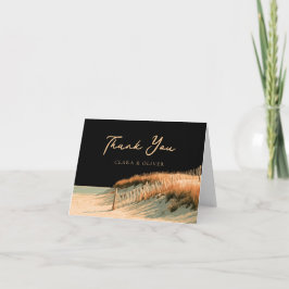 Tarjeta De Agradecimiento Boda en Cape Cod con valla de duna guión dorado