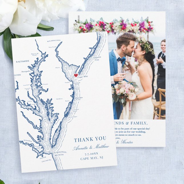 Tarjeta De Agradecimiento Boda en Cape May Nueva Jersey en plano (These Cape May destination wedding thank you cards with photo are perfect for your wedding)