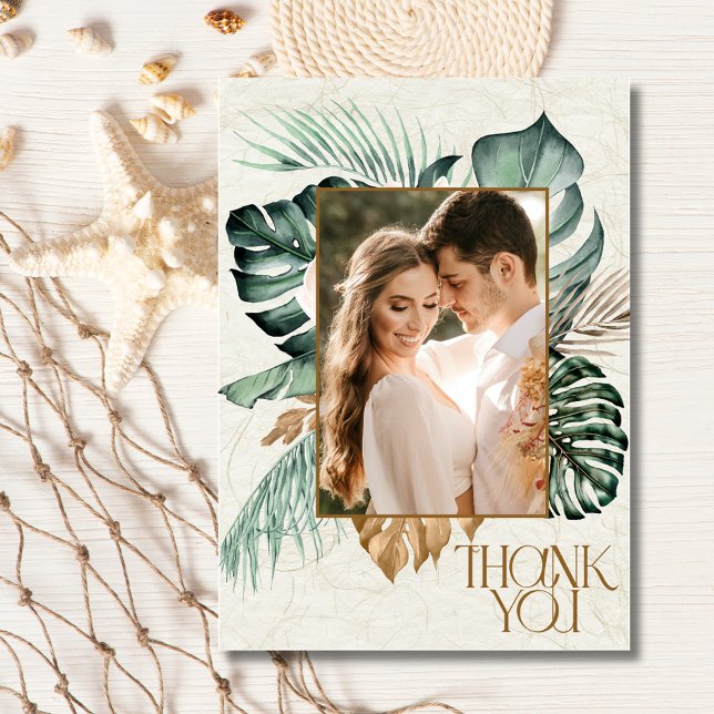 Tarjeta De Agradecimiento Boda en la Playa con Foto Floral Tropical (Tropical Floral Photo Beach Wedding Thank You Card)