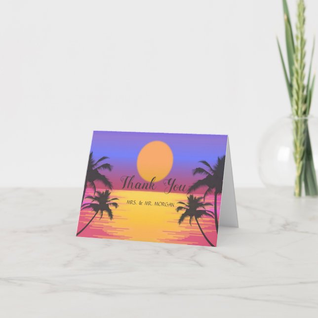 Tarjeta De Agradecimiento Boda en la Playa Puesta de Sol (Anverso)