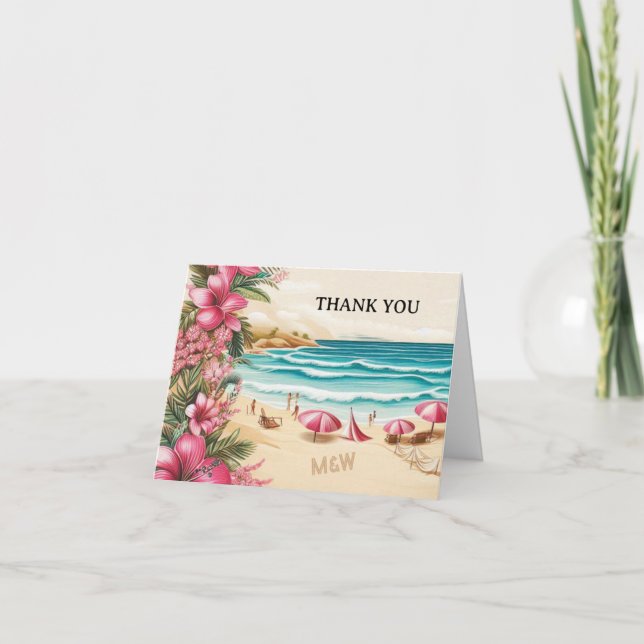 Tarjeta De Agradecimiento Boda en la playa rosa (Anverso)