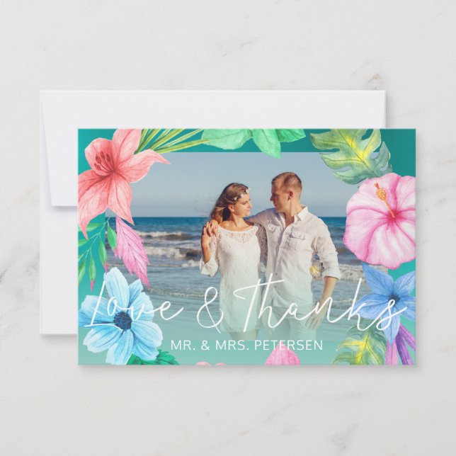 Tarjeta De Agradecimiento Boda en la playa verde azulada tropical azul FOTO  (Anverso)