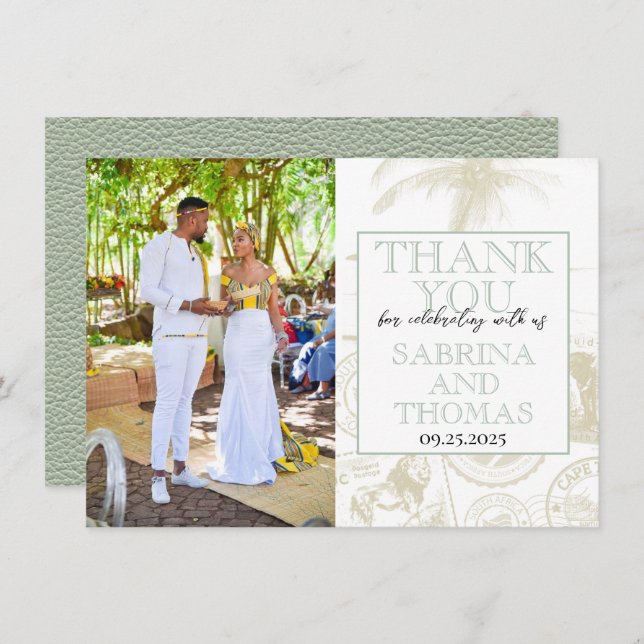 Tarjeta De Agradecimiento Boda en Sudáfrica Foto Gracias Verde Salvia (Anverso / Reverso)