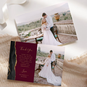 Tarjeta De Agradecimiento Boda Escritura Dorada Ágata Negra Burgundy Foto
