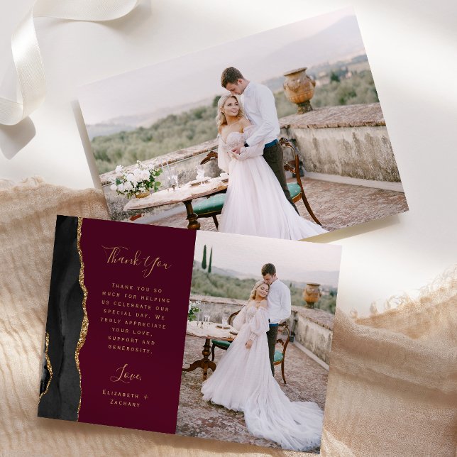 Tarjeta De Agradecimiento Boda Escritura Dorada Ágata Negra Burgundy Foto (Subido por el creador)